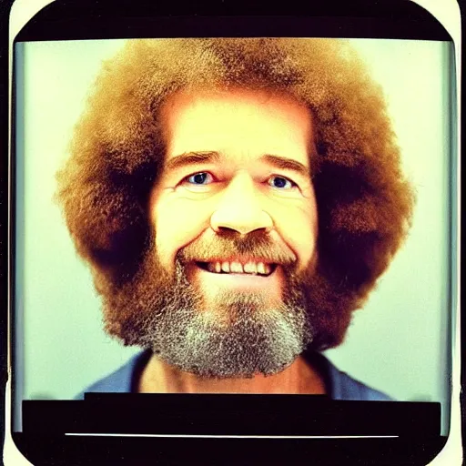 Image similar to Mugshot Portrait of Bob Ross with a buzzcut, taken in the 1970s, photo taken on a 1970s polaroid camera, grainy, real life, hyperrealistic, ultra realistic, realistic, highly detailed, epic, HD quality, 8k resolution, body and headshot, film still, front facing, front view, headshot and bodyshot, detailed face, very detailed face