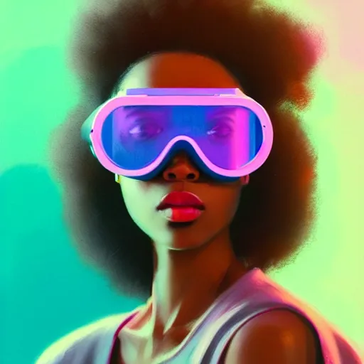 Prompt: beautiful woman wearing opaque reflective goggles profile picture by greg rutkowski, brown skin, long afro hair, asymmetrical, futuristic, pastel neon colors, streetwear, studio ghibli, organic painting, matte painting, geometric shapes, hard edges, street art, trending on the artstation, fantasy lut, realistic by sachin teng,