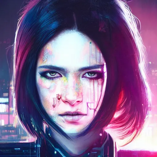 Image similar to molly millions, closeup portrait of a young beautiful cyberpunk woman, mirror eye implants, black hair in a rough shag, sunset, neuromancer, street samurai, cyberpunk city background, megacity, gorgeous view, depth, painted by seb mckinnon, high detail, digital art, painted by greg rutkowski, trending on artstation