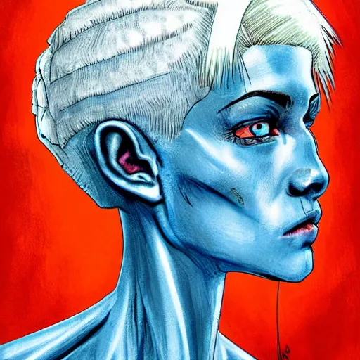 Prompt: intricate portrait, pure blue skin, short white hair, cinematic, in the style of enki bilal!