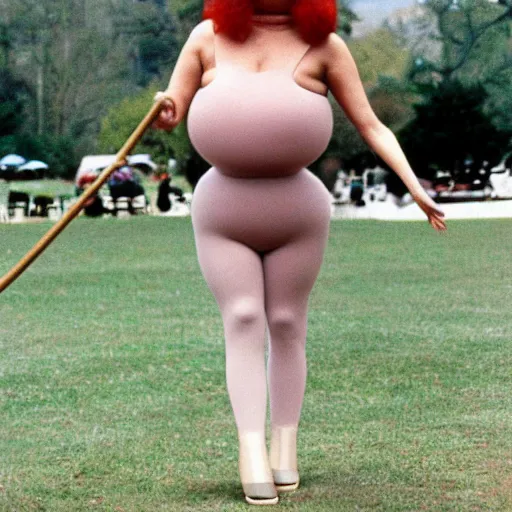 Image similar to 1981 woman on tv show wearing a squishy inflatable prosthetic mask long stick nose, soft color wearing a leotard at the park 1981 color film 16mm holding a an inflatable animal Fellini John Waters Russ Meyer Doris Wishman old photo