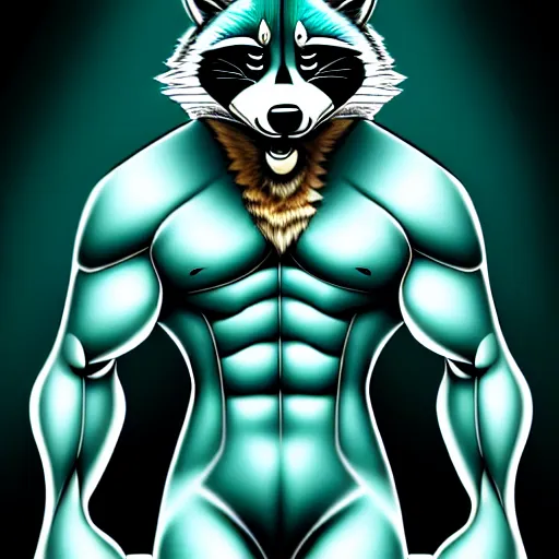 Image similar to anthropomorphic muscular teal raccoon, generic furry style, wearing jeans, deviant art, professional furry drawing, insanely detailed, artistic design, hyper detailed wolf - like face, doing a pose from jojo's bizarre adventure, detailed veiny muscles, exaggerated features, beautiful shading, dramatic lighting, jojo style