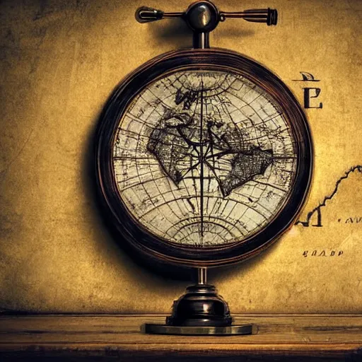 Prompt: old fictional map on a table surrounded by compass and hourglass and sextant, bokeh, focus on map, artstation, digital art