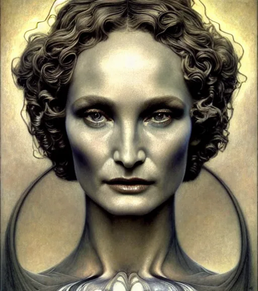 Image similar to detailed realistic beautiful young alien robot jessica lange as queen of mars face portrait by jean delville, gustave dore and marco mazzoni, art nouveau, symbolist, visionary, gothic, pre - raphaelite. horizontal symmetry by zdzisław beksinski, iris van herpen, raymond swanland and alphonse mucha. highly detailed, hyper - real, beautiful