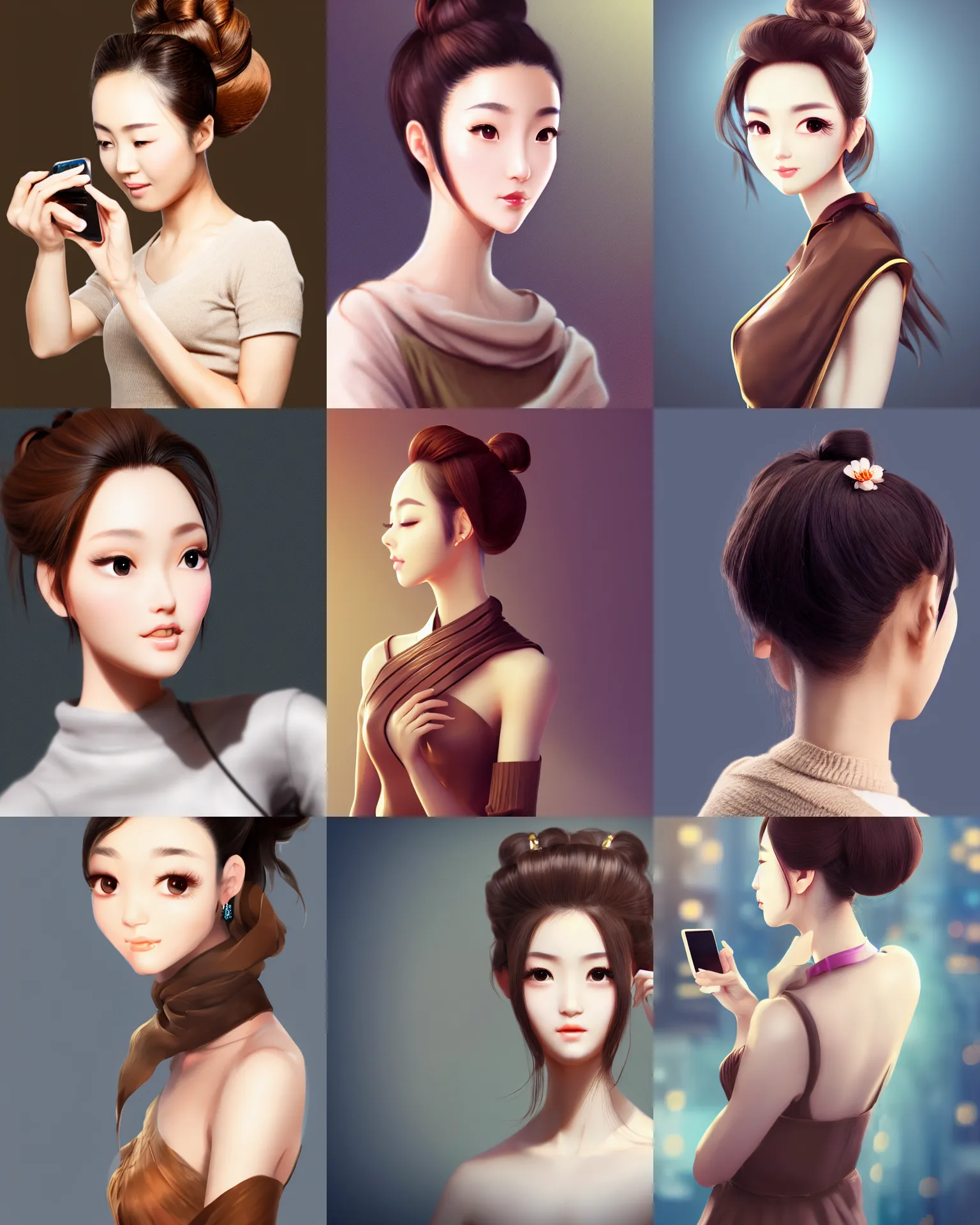 Prompt: light brown updo chinese beauty on the mobile phone facing the computer display, full body, wide angle lens, bokeh, artstation