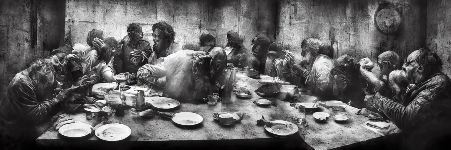 Image similar to Award Winning Editorial wide-angle picture of a Tramps in a new York Soup Kitchen by David Bailey and Lee Jeffries, called 'The Last Supper', 85mm ND 5, perfect lighting, gelatin silver process