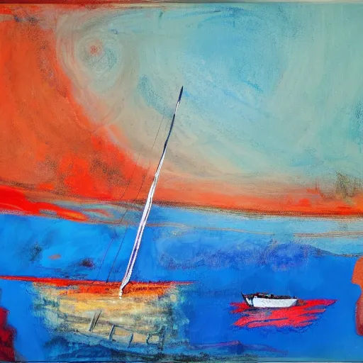 Image similar to a painting of a sailboat floating on a body of water, an abstract painting by ted degrazia, reddit contest winner, lyrical abstraction, mixed media, acrylic art, oil on canvas