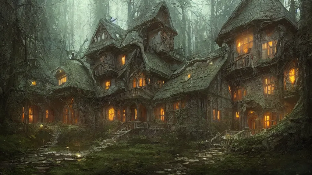 Image similar to a magical house in a forest, spirals, high detail, digital art, painted by greg rutkowski, painted by seb mckinnon, trending on artstation