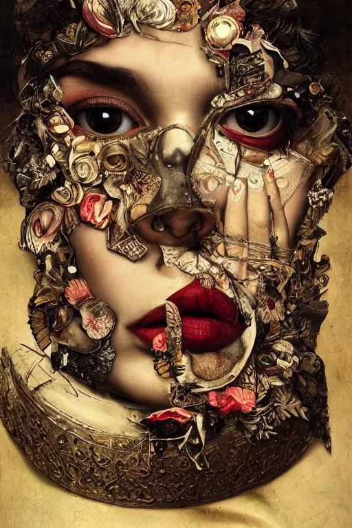 Image similar to Detailed maximalist portrait with large lips and with large white eyes, angry expression, HD mixed media, 3D collage, highly detailed and intricate surrealism, illustration in the style of Caravaggio, dark art, baroque