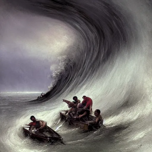 Prompt: by alejandro burdisio, by honore daumier atmospheric, hideous. the digital art of a huge wave about to crash down on three small boats. the boats are filled with people, & they all look terrified.