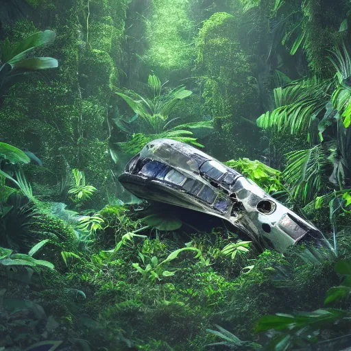 Prompt: crashed spaceship in the dense jungle detailed 8k photography