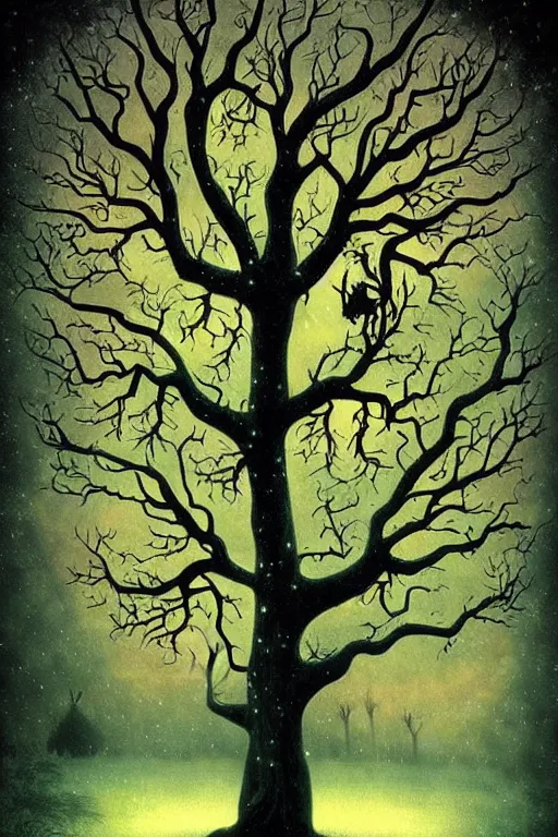 Image similar to surreal, fantasy, fairytale animals, ancient oak tree, haunted woods in silhouettes, by andy kehoe