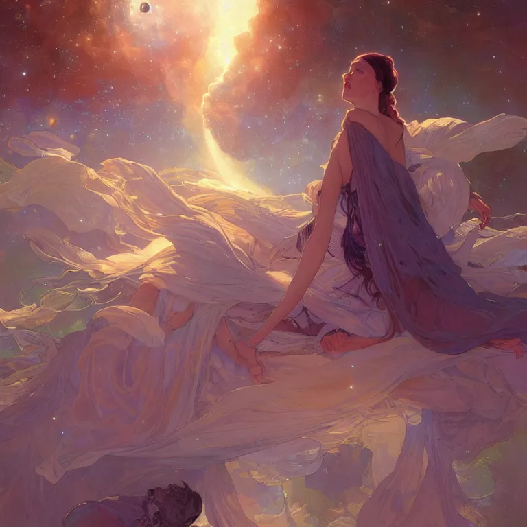 Image similar to Pandora dreaming against the backdrop of the universe, full body, digital painting, artstation, concept art, sharp focus, cinematic lighting, illustration, art by artgerm and greg rutkowski, alphonse mucha, cgsociety