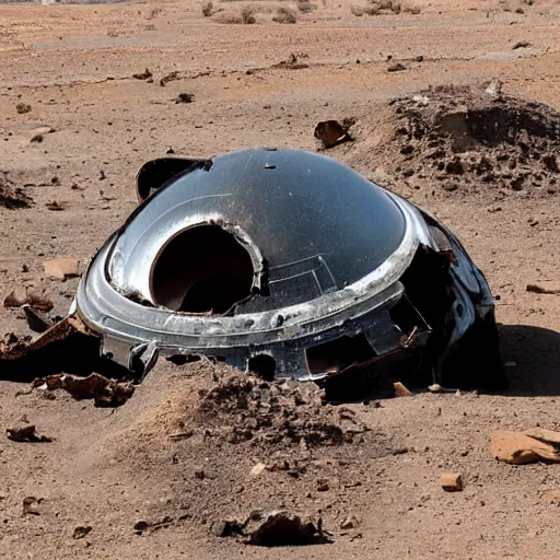 Prompt: ufo crashed in the desert, scattered wreckage and debris, crater explosion, high quality photo