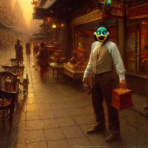 Image similar to the happy mask salesman in clock town. highly defined painting, highly detailed painting by gaston bussiere, craig mullins 8 k