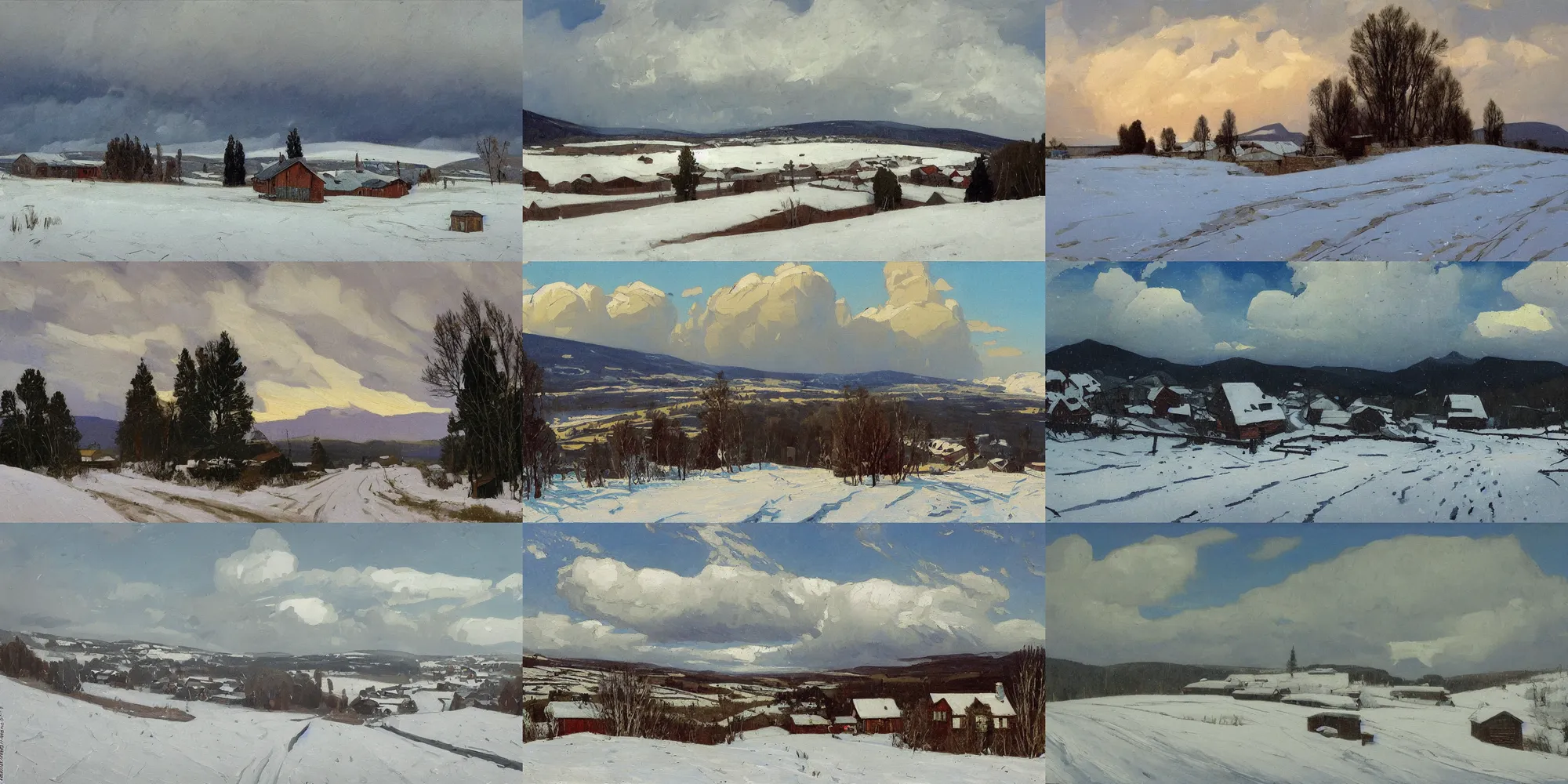 Prompt: painting in the style of Isaac Levitan, Savrasov, arkhip kuindzhi, T Allen Lawson and Ian Fisher and sidney richard percy, wide river and tiny house on the top of the hill, winter mood, snowy scenery, dream heavenly cloudy sky, horzon, hurricane stromy clouds, roads among fields, Alpes, small village, forests and low mountains at sunset sunrise, volumetric lighting, very beautiful scenery, pastel colors, ultra view angle view