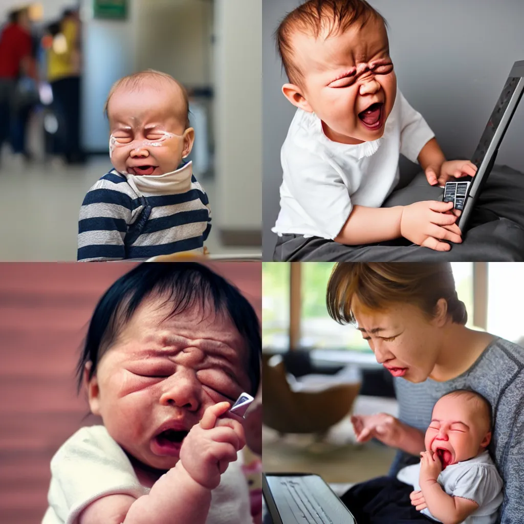 Prompt: Baby crying because there's no free Wifi