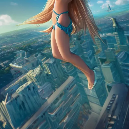 Image similar to seen from above : a giant macro very beautiful young yuuki asuna, full body, long wavy blond hair, sky blue eyes, full round face,, bikini, miniskirt, stepping on a miniature city, cinematic wallpaper by stanley artgerm lau