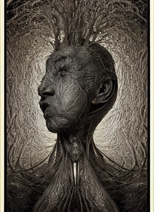 Image similar to portrait of janus bifrons, cinematic lighting, studio portrait against a black background, modern fine art, fractal, intricate, elegant, highly detailed, digital photography, subsurface scattering, by jheronimus bosch and yue minjun and giger and greg rutkowski,