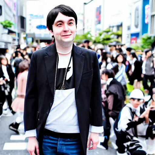 Image similar to a high resolution photo of martin shkreli at harajuku tokyo street fashion event, photo from vogue magazine