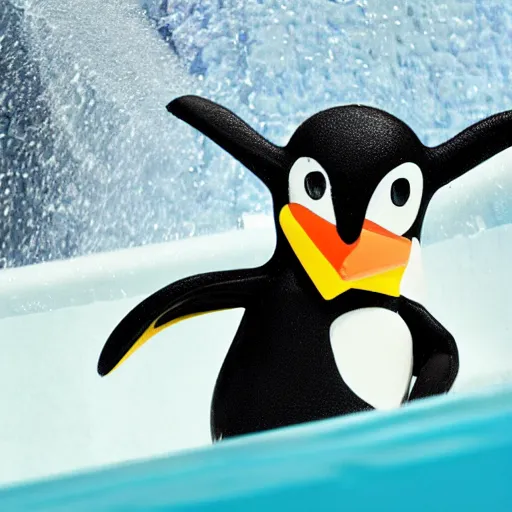 Image similar to a cartoon penguin going down a waterslide