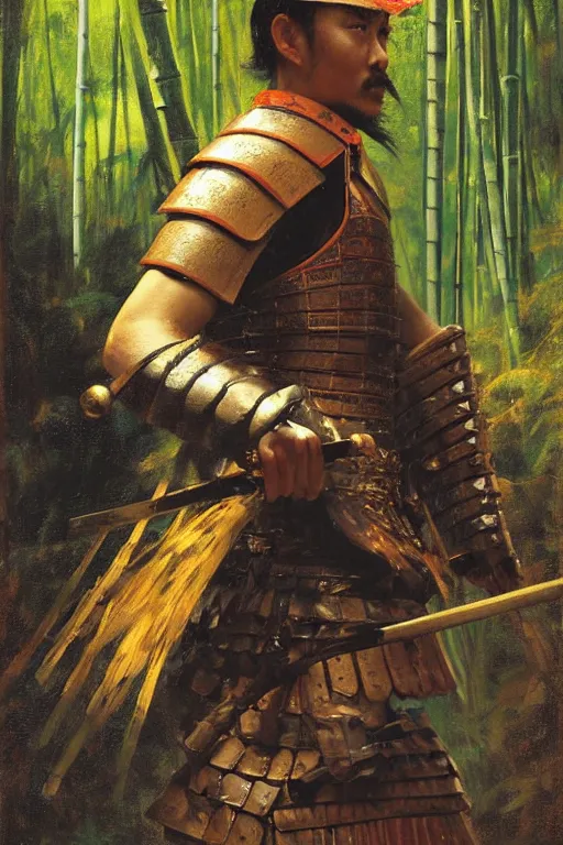 Image similar to close up of samurai warrior in full armor, in a bamboo forest, by vladimir volegov and alexander averin and delphin enjolras and daniel f. gerhartz