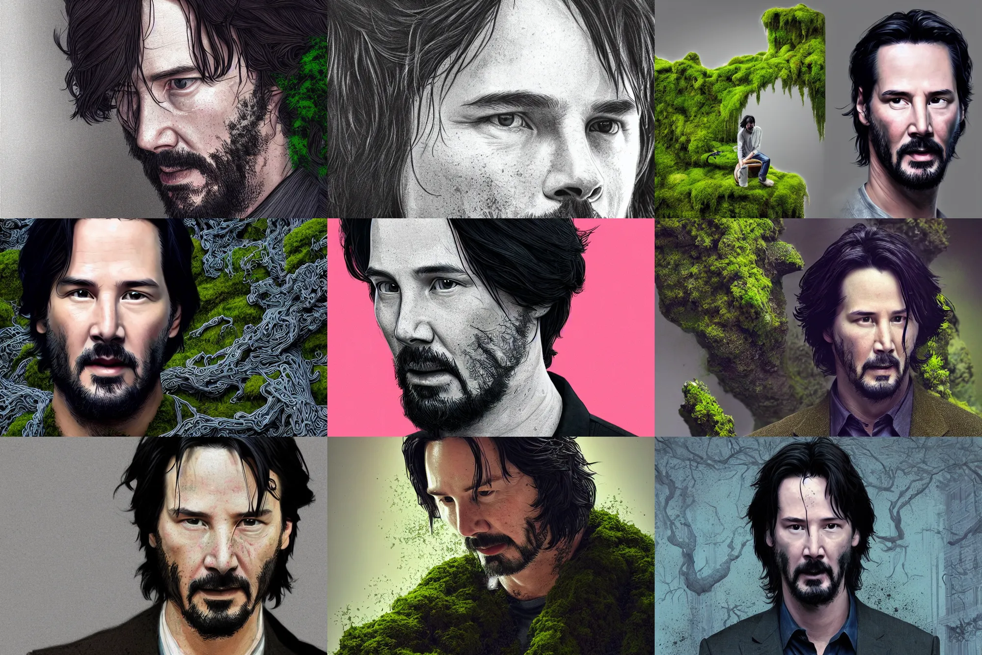 Prompt: portrait isometric drawing, printerest, close-up moss growing keanu reeves, intricate, epic lighting, cinematic composition, hyper realistic, 8k resolution, unreal engine 5, by Artgerm, tooth wu, dan mumford, beeple, wlop, rossdraws, James Jean, Andrei Riabovitchev, Marc Simonetti, yoshitaka Amano, Artstation