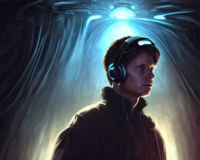 Prompt: a epic cinematic shot of portrait of marty mcfly listening to music with headphones on in a dark liminal space room, gritty tech, deep focus, fantasy, intricate, elegant, highly detailed, digital painting, artstation, concept art, matte, sharp focus, illustration, dark fantasy style art, resident evil, art by artgerm and greg rutkowski and alphonse mucha