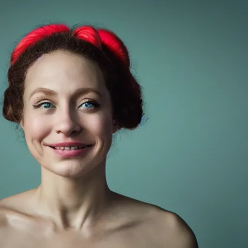 Image similar to a vivid color portrait of a smiling female with two buns hairstyle, light skin and big blue eyes, soft cinematic lighting, shallow depth of field, photograph by annie leibovitz, 4k