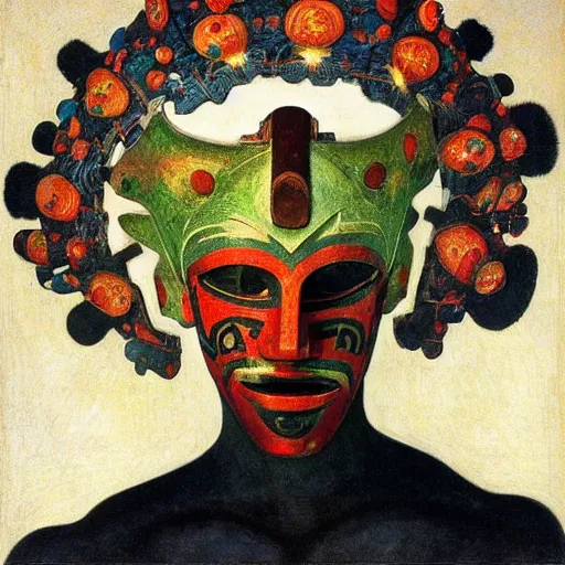 Image similar to head of a shaman wearing a mask made of enamelled flowers, by annie swynnerton and edward hopper and jean delville and john watkiss and rufino tamayo, art deco shaman, stylized geometric flowers, art brut, symbolist, dramatic lighting, god rays, clean crisp graphics, smooth sharp focus, extremely detailed, adolf wolfli