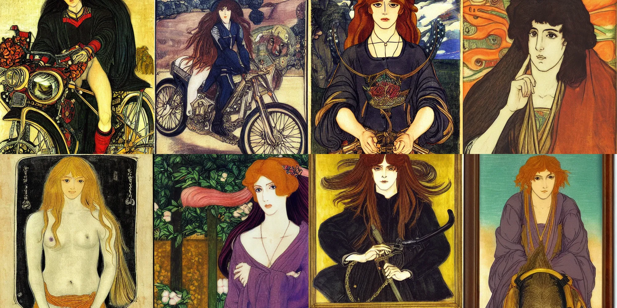 Prompt: anime a painting of lady godiva on a motorcycle motorbike by dante gabriel rossetti, perfect symmetrical face