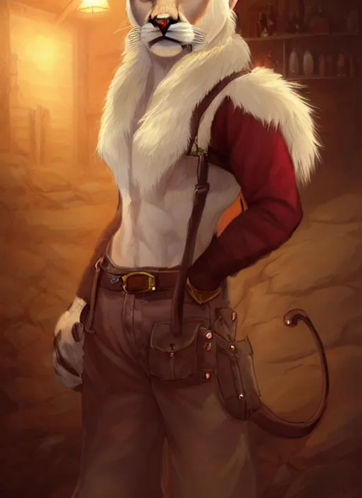 Prompt: beautiful portrait commission of a male furry anthro albino mountain lion with dark red eyes wearing old-timey miner's clothes in an old saloon. Atmospheric. Character design by charlie bowater, ross tran, artgerm, and makoto shinkai, detailed, inked, western comic book art
