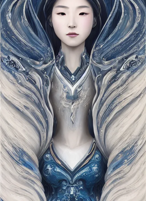 Prompt: side portrait of a Korean female Celestial Goddess, scifi, interstellar hair, white and royal blue luxurious armour, trending on artstation, gsociety, elegant, chic, high-end, her upper body is submerged in Pamukkale, thermal waters flowing down white travertine terraces, highly detailed, realistic eyes, detailed illustration, smooth, sharp focus, upper body, intricate, rule of thirds, holy glow, ethereal background, 4k, by Greg Rutkowski, Alphonse Mucha, Ayami Kojima, Charlie Bowater, Artgerm, Loish, Kentaro Miura, Karol Bak, Greg Hildebrandt, Norman Rockwell