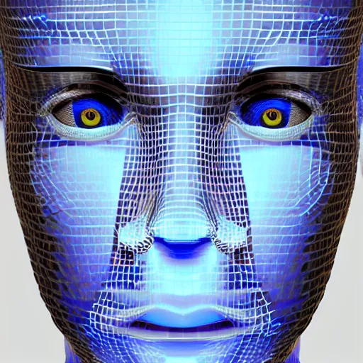 Image similar to surrealistic 3d illustration of a human face made of holographic chrome-plated material, concept of cyborg and artificial intelligence