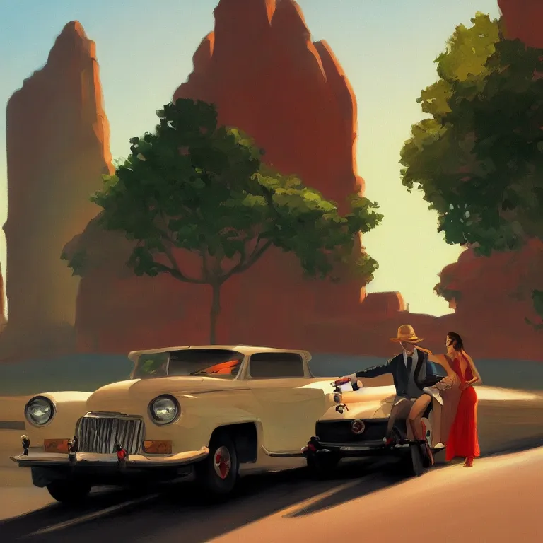 Image similar to a storybook illustration of a couple in car driving into the sunset scene painted by Edward Hopper masterpiece, intricate, elegant, fantasy, highly detailed, digital painting, concept art, sharp focus, artstation