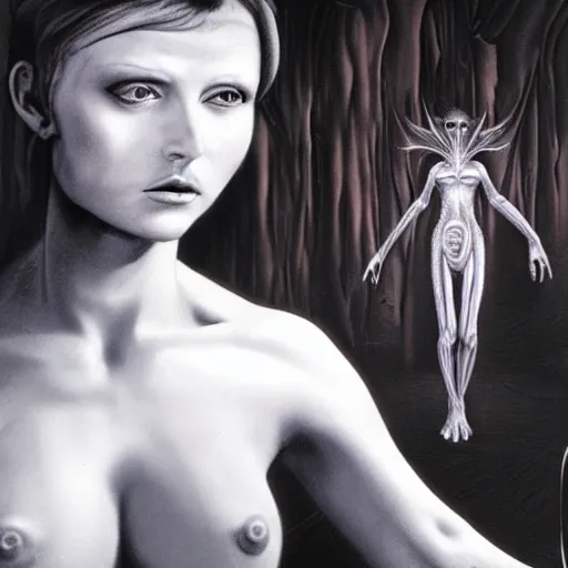 Image similar to of a matte painting of females with transparent skin holding a alien, matte painting, black and white, by hr giger , aliens, giger