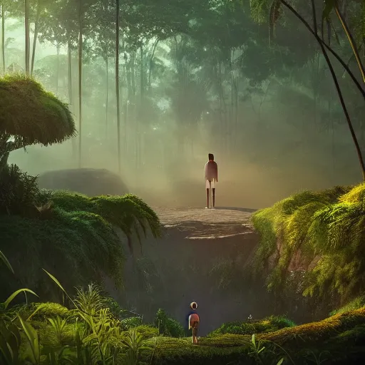 Image similar to alone person facing the desperate call of the void, organized suburb in jungle forest, unreal 5 render, vivid colors, high detail, clear weather, studio ghibli, history painting, digital art, octane render, beautiful composition, trending on artstation, award - winning photograph, masterpiece