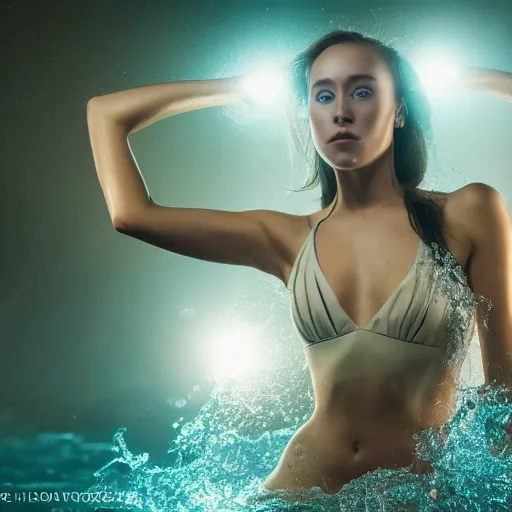 Prompt: alycia debnam as a hydromancer , award winning photography, HDR, studio lighting, dynamic pose, medium close shot, shot on Canon EOS R5, f/2.5,