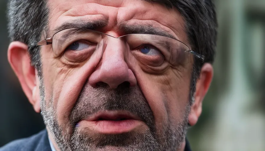 Prompt: hyper-realistic and anamorphic 2010s movie still close-up portrait of Jean-Luc Melenchon, by Paolo Sorrentino, Leica SL2 50mm, beautiful color, high quality, high textured, detailed face