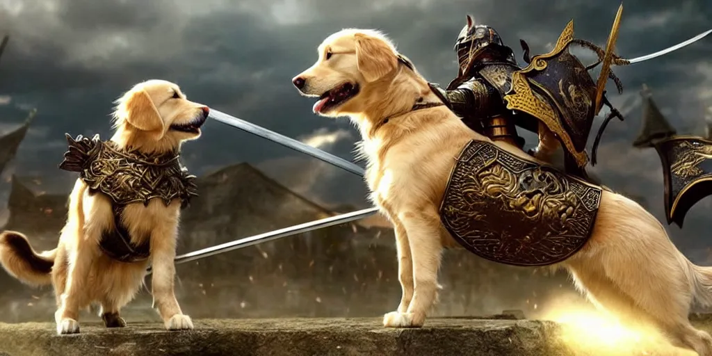 Prompt: golden retriever in medieval armor with wings and sword fighting against samurai cat in japanese samurai armor with catana, photorealistic ultra detail quality shot from james cameron movie