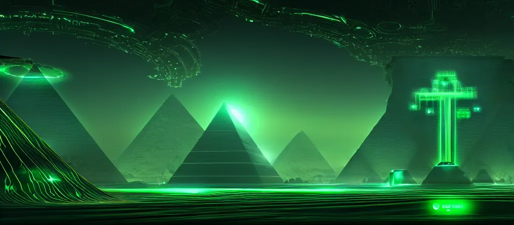 Prompt: the ethereal god of technology close shot the gift of green circuits to humanity. immaculate matte painting. fantastic. velvet and emerald. high key studio lighting. fractal dreams. ancient egypt, trending on artstation, cgsociety, ps 5, uhd 8 k cryengine