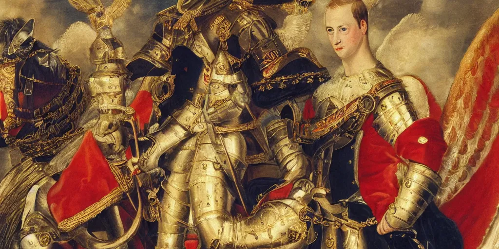 Image similar to painting of prince william, duke of cambridge wearing knight's armor with heavenly angels surrounding him