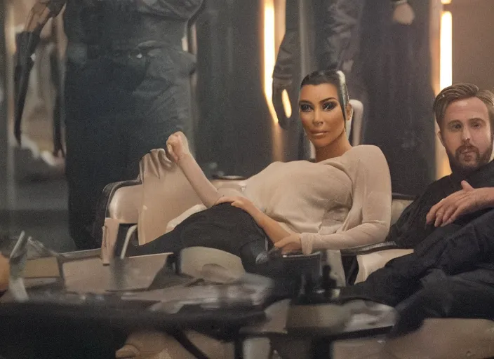 Image similar to a movie still of kim kardashian sitting with ryan gosling in the movie blade runner 2 0 4 9