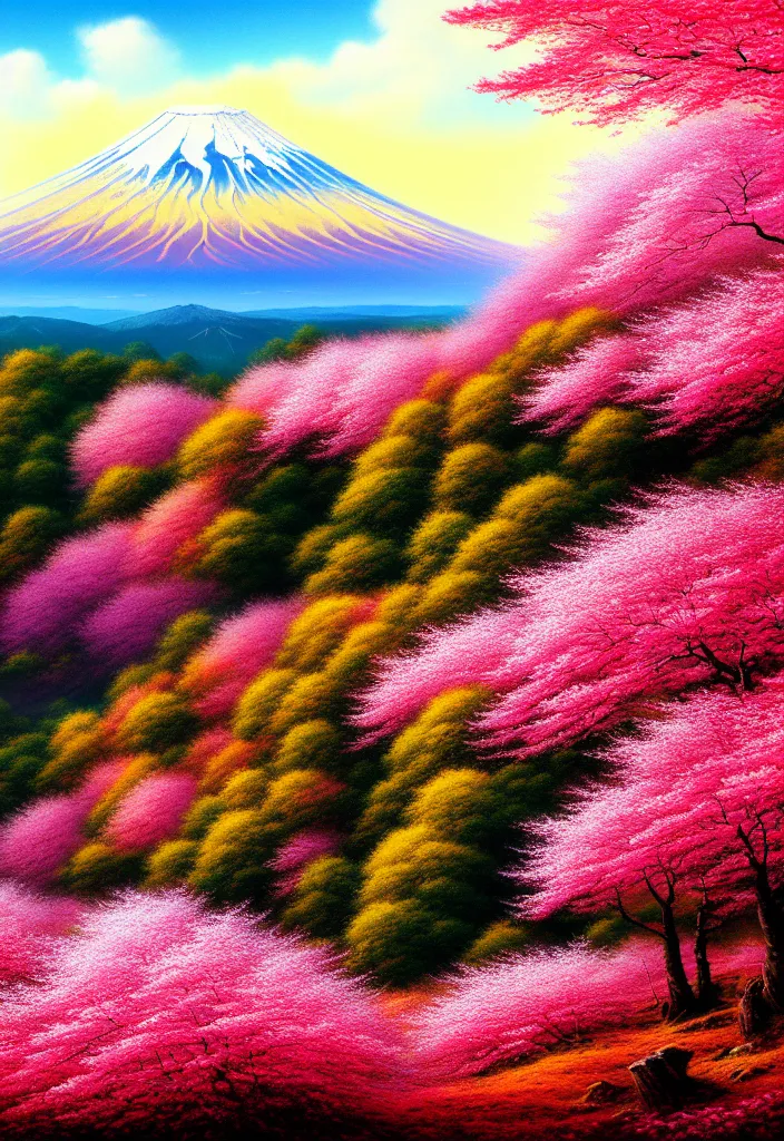 Image similar to a real photographic landscape painting with incomparable reality, wide angle, in forest, flowers, cherry blossom tree in full bloom, bright style, mount fuji, clearing, john howe, magnificent, artstation