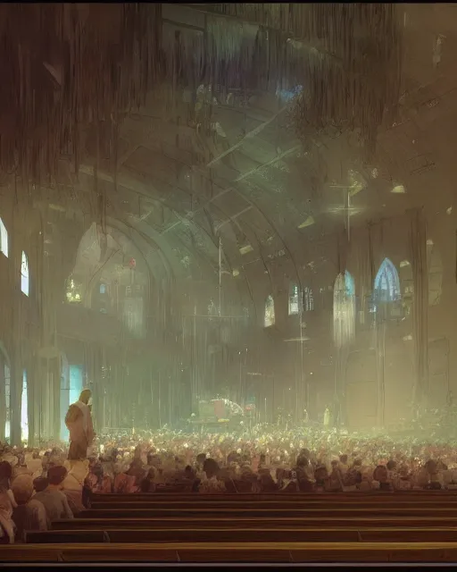 Prompt: craig mullins and ghibli digital illustration of a crowd in a futuristic church, priest, pews, ethereal, inviting, bright, photorealistic, wide shot