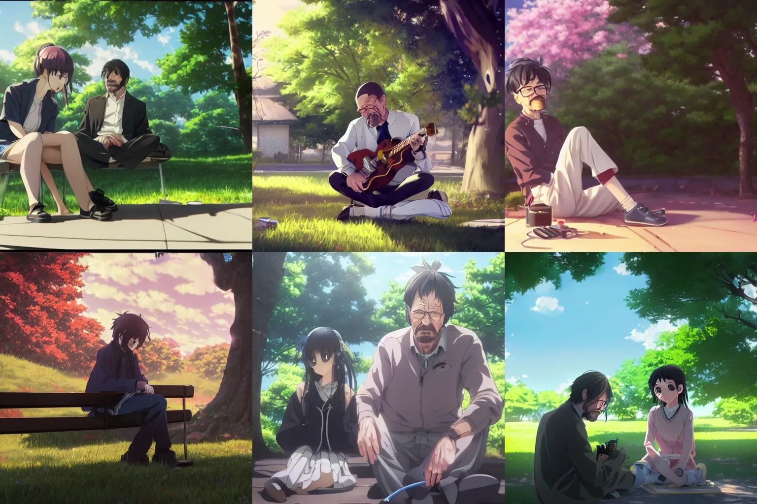 Prompt: photorealistic walter white meets a beautiful smiling anime girl with black hair and hime cut sitting under a tree, playing a gibson les paul guitar, anime key visual, digital art, anime screenshot, kyoto animation, makoto shinkai, trending on artstation