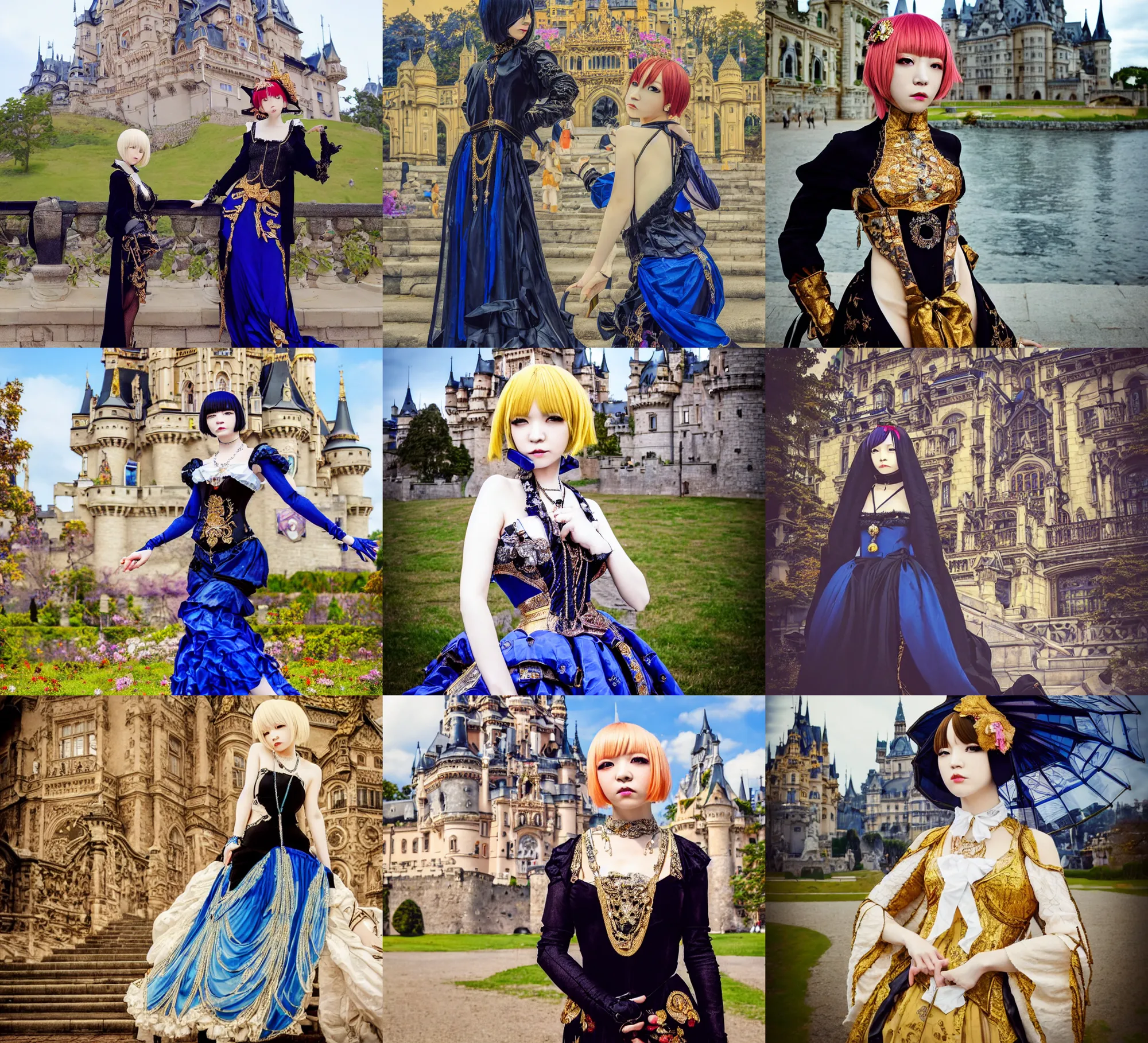 Prompt: full body portrait photo of women like reol from a distance wearing ornate royal clothing posing in front of the castle in the distance, realistic, dynamic perspective pose, skin tinted a warm tone, hdr, rounded eyes, detailed facial features, blue black gold, alphonse mucha