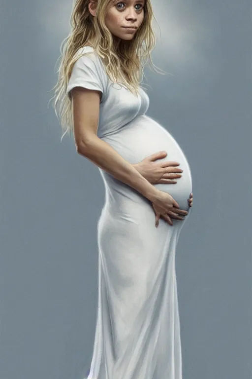 Image similar to pregnant ashley olsen in a thin white dress, realistic portrait, symmetrical, highly detailed, digital painting, artstation, concept art, smooth, sharp focus, illustration, cinematic lighting, art by artgerm and greg rutkowski and alphonse mucha