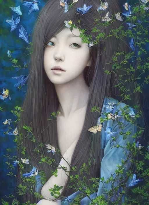 Prompt: breathtaking Female Portrait by Miho Hirano, Ross Tran and Ilya Kuvshinov, realistic, detailed, blue, green tonalities, beautiful collage technique including flora, branches, birds, butterflies, ornate background, beautiful Fantasy detailed trending on artstation, oil painting,Dramatic lighting, ethereal , high quality print, fine art with subtle redshift rendering