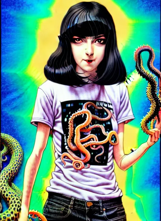 Image similar to richly detailed colored pencil 3D illustration of a beautiful woman with silky straight black hair with iridescence wearing a Nirvana band Tshirt and short black shorts, she staring at the camera happily while being surrounded by slimy tentacles, art by Range Murata and Artgerm.